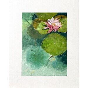 8x10 Original Oil Painting Lily Pad Water Lily Flower Lake Pond Wall Art Signed